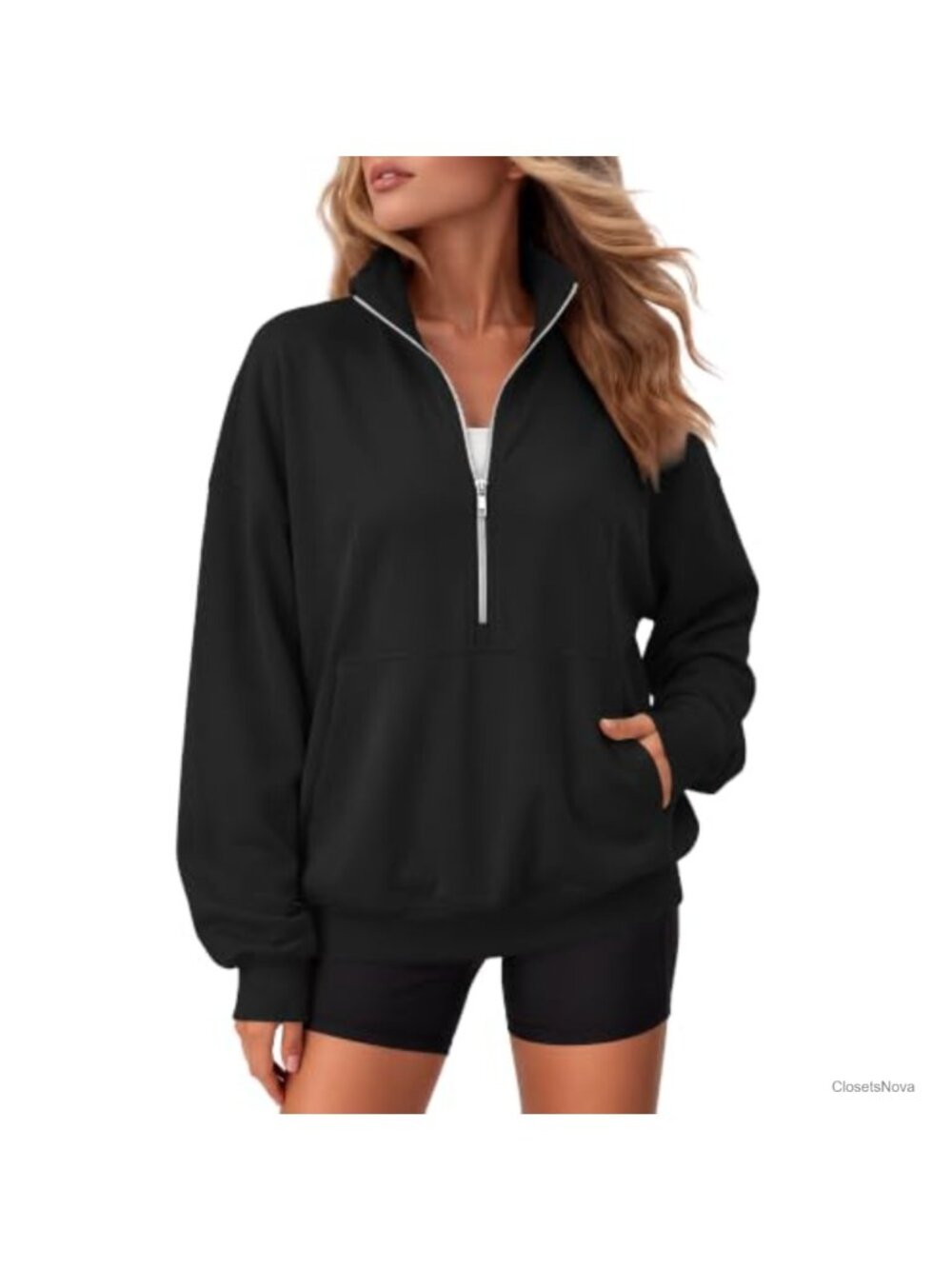 Mock Neck Oversized Half Zip Pullover Sweatshirt Long Sleeve Pocket